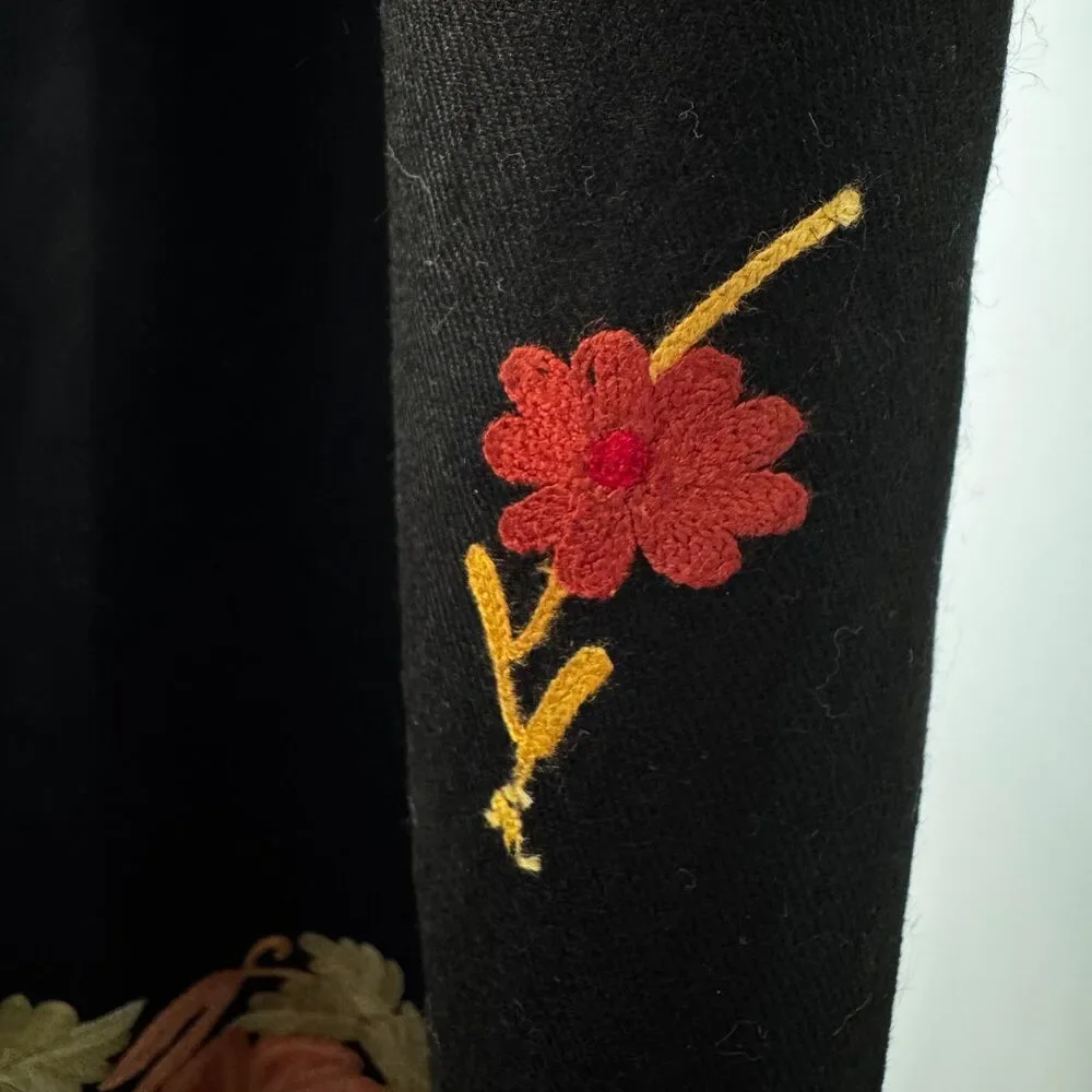 Black Wool Shawl with Floral Embroidery Stitching and Fringed Ends